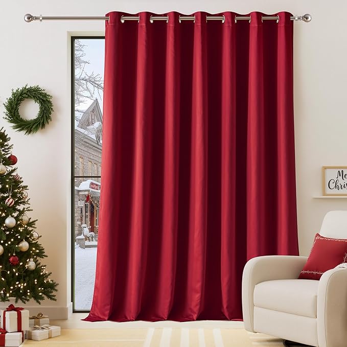 NICETOWN Thermal Insulated 100% Blackout Drape, Christmas Red, 1 PC, 100" x 84", Noise Reducing Performance Slider Faux Silk Curtain Panel with Black Lining, Full Light Blocking Patio Door Drapery