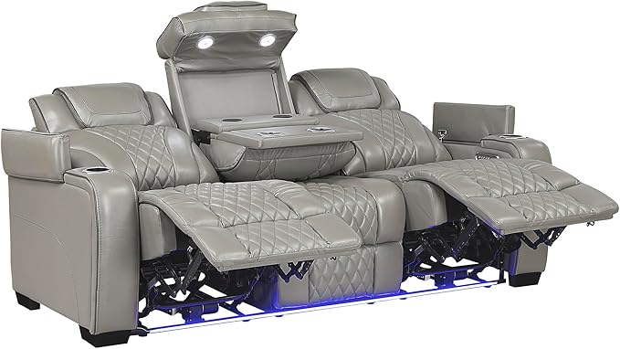 Lexicon Power Double Reclining Sofa, Center Drop-Down Table with Heat/Massage/Headrest/Storage Arms/Cup Holders/LED Lights/Wireless Charging, Top Grain Leather Match Wall Hugger Recliner Sofa, Grey