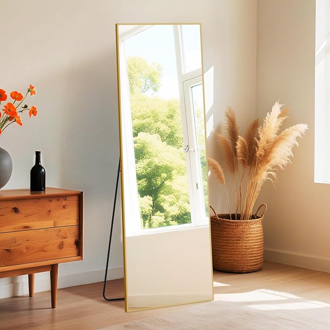 OLIXIS Full Length Mirror 59"x16.3" for Bedroom, Full Body Mirror with Stand, Hanging or Leaning for Wall, Aluminum Alloy Thin Frame Floor Standing for Living Room, Long, Gold