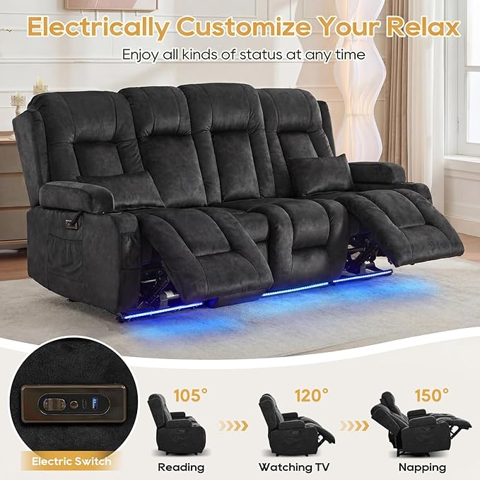 IPKIG Power Recliner Sofa with Flip-Up Backrest Console, USB & USB-C Ports, AC Outlet, LED Lights, Wall Hugger Recliners for Living Room, RV (Drak Grey, 89" - 4 Seat) | Velvet Fabirc, Zero Gravity, Dual Reclining, 2 Lumabr Pillow, Bluetooth Speakers
