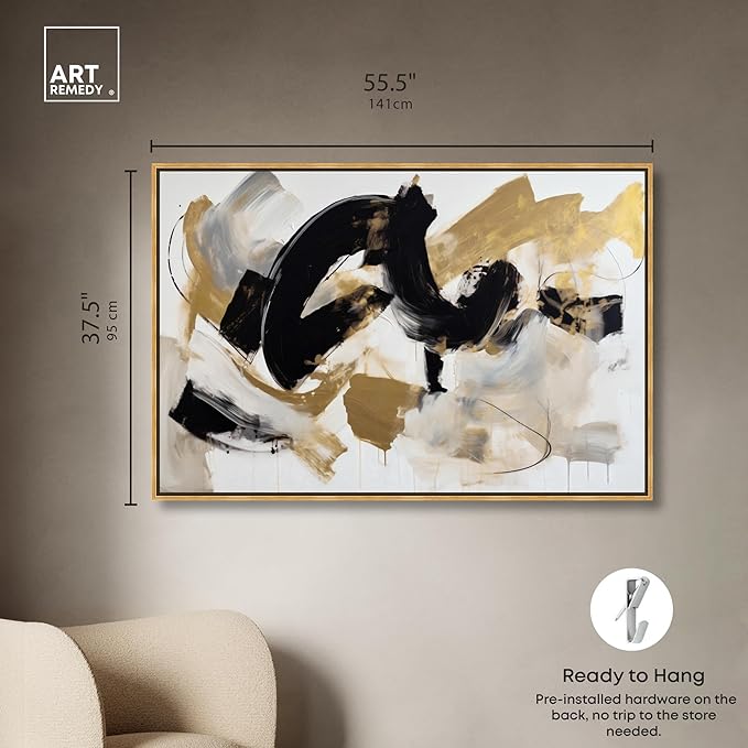 Art Remedy Moved Abstraction Canvas Modern Black White Abstract Wall Art, Gold Frame, 54" x 36"