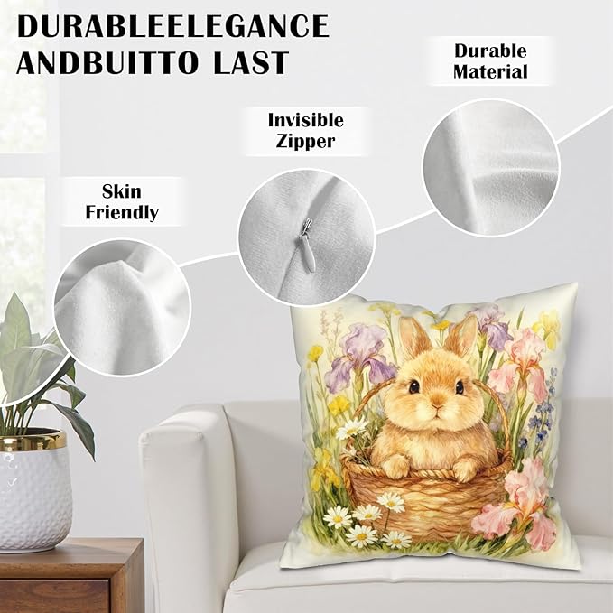 Easter Bunny Throw Pillow Covers Spring Rabbit Flowers Pillow Cases Happy Easter Pillow Covers 16x16 Pack of 2 Watercolor Iris Daisy Floral Cushion Cases for Home Outdoor