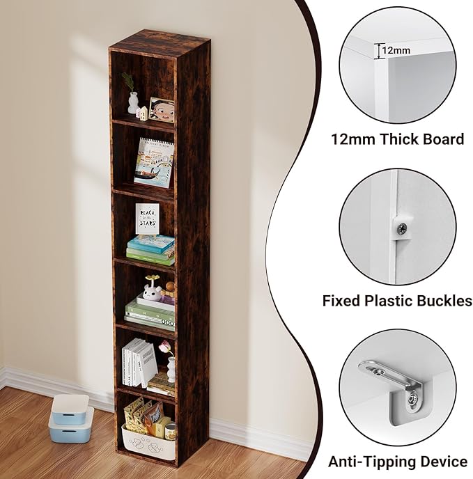 6 Tier Bookshelf, Open Tall Narrow Floor Standing Bookcase, Storage Organizer Bookshelves Freestanding Book Shelf for Living Room, Bedroom, Home Office (Retro Brown, 6 Cube)