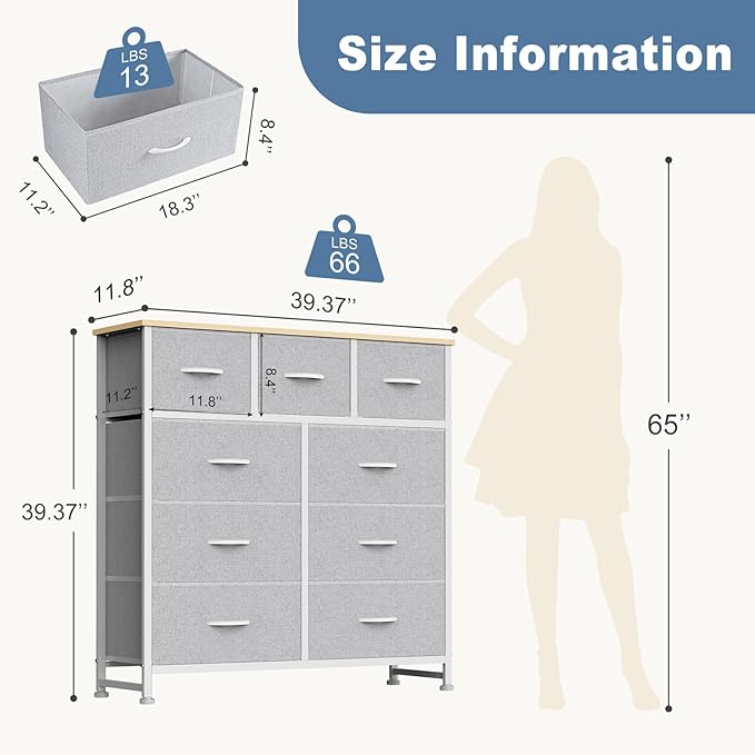 DUMOS 9 Drawer Dresser for Bedroom, Fabric Storage Organizer with Sturdy Metal Frame, Wooden Top Chest of Drawers for Closet Entryway Guest Room,Light Gray