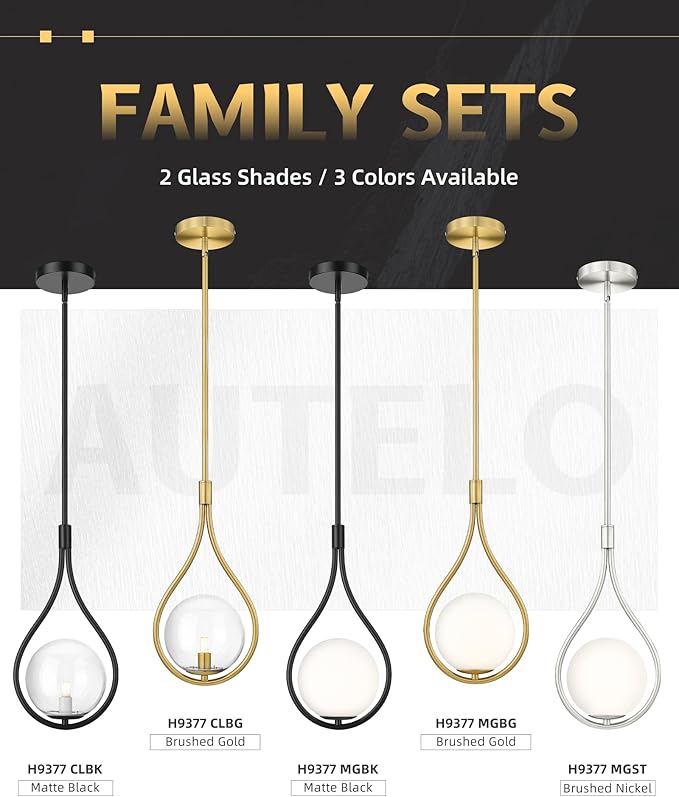 AUTELO Black Pendant Lights Kitchen Island, 1-Light Pendant Lights with Milky White Globe Glass, Modern Pendant Light Fixtures, Black Hanging Lamp for Kitchen Island H9377 MGBK