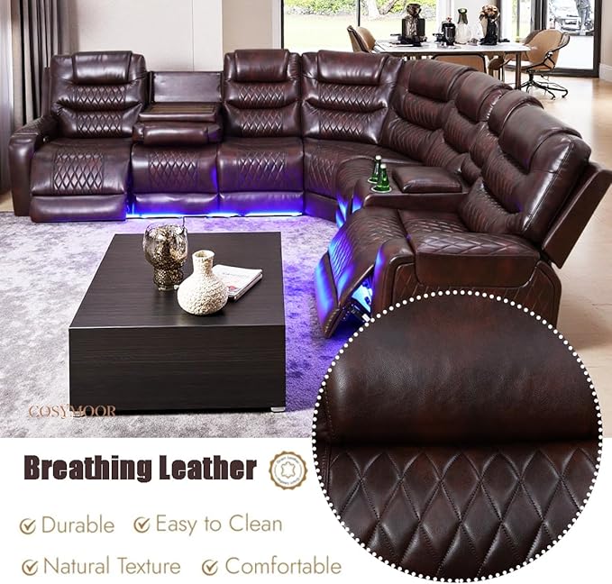 Power Breathing Leather Reclining Sofa, Power Recliner Sectional Sofa with Reading lamp/LED Light, Sectional Reclining Loveseat Couch with Hide-Away Storage for Living Room