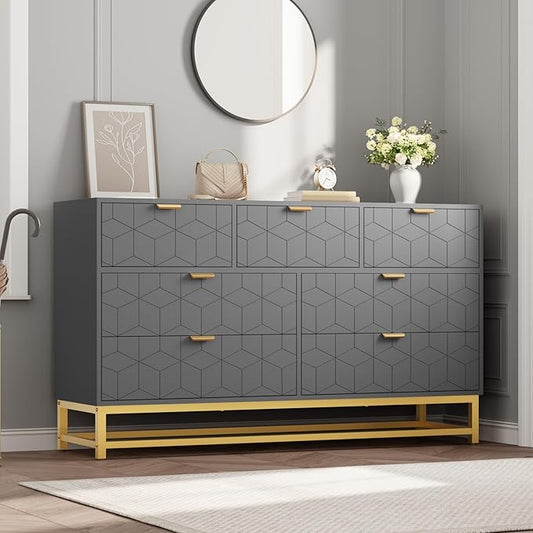 GAOMON Dresser for Bedroom, 53.5" Wide Dresser Organizer, 7 Drawer with Golden Metal Handle and Legs, Modern Chest of Drawers for Closet, Hallway, Living Room, Entryway, Grey