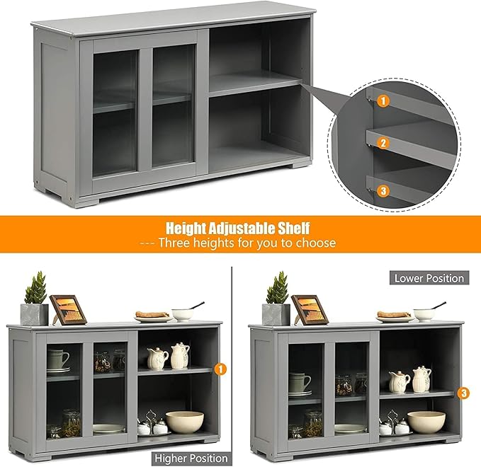 Byroce Sideboard Buffet Cabinet, Stackable Storage Coffee Bar Cabinet with Adjustable Shelf & Glass Sliding Doors, Wood Cupboard Credenza Console Table for Kitchen Dining Living Room (1, Grey)