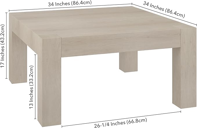Henn&Hart 34" Square Coffee Table with Wood Top for Living Room, Family Room, Office, or Apartment, Beech White