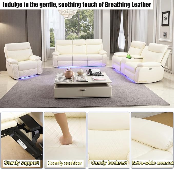 A Ainehome Leather Power Recliner Sofa Set with LED, 3 Pieces Living Room Furniture Sets, Power Leather Reclining Sectional Sofa Couches for Living Room with USB Port/Storage Console/Cup Holders