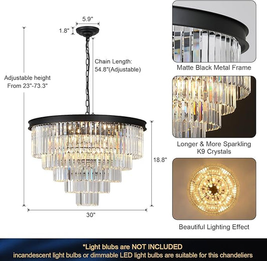 Large Crystal Chandelier Modern Black 30" Round Chandeliers for Staircase K9 5-Tier Large Ceiling Pendant Light Fixtures Luxury Chandelier for High Ceiling Foyer Living Room Bedroom