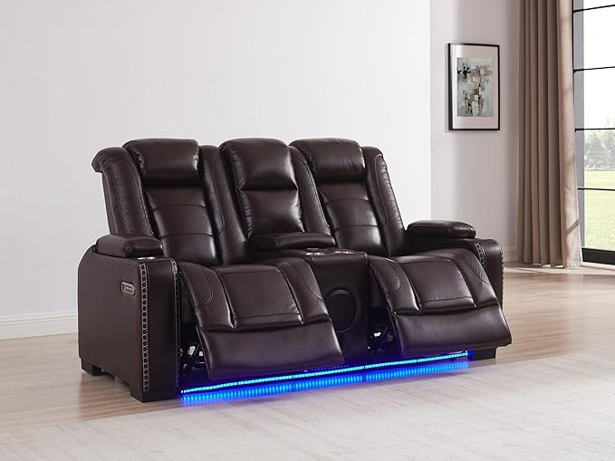 THSUPER Brown Leather Power Recliner Sofa Loveseat Sets with Arm Storage and Power Headrest, Leather Living Room Reclining Sofa and Loveseat Set with Cup Holders and Bluetooth Speaker.