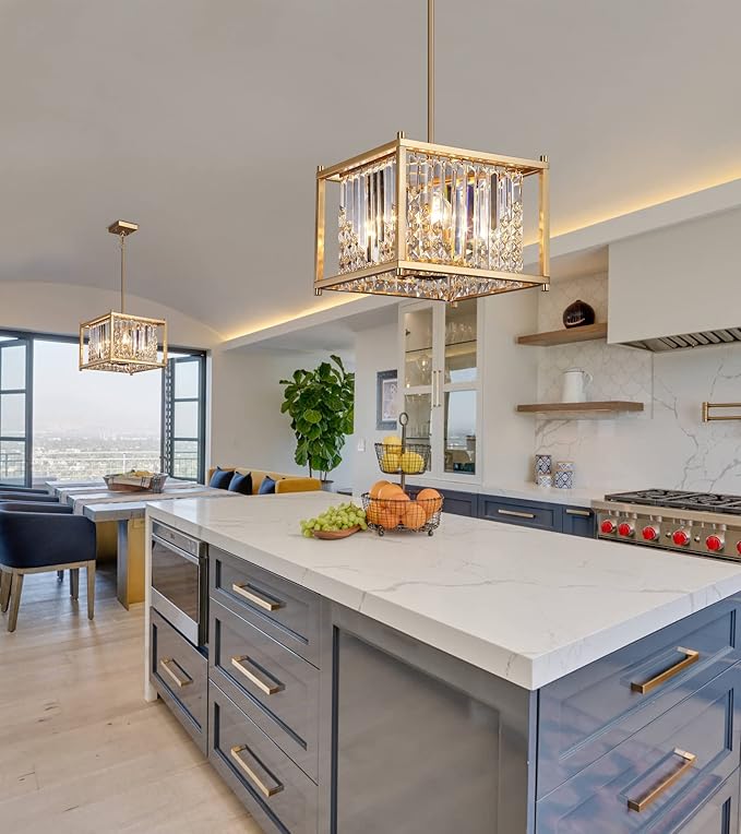 Q&S Gold Chandelier,Modern Industrial Gold Square Crystal Chandeliers 4 Lights Hanging Pendant Light Fixture for Dining Room Hallway Entryway Kitchen Island UL Listed