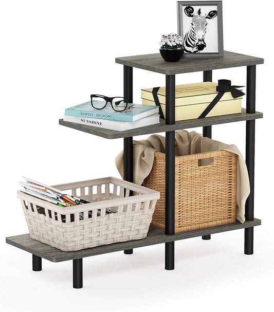 Furinno Turn-N-Tube 3-Tier Sofa Side Table, French Oak Grey/Black