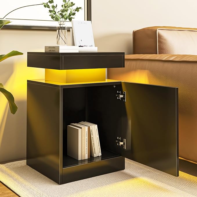 Nightstands Set 2, 15 Inches LED Night Stand Set of 2, Modern Bedside Table with LED Lights, High Gloss Surface, End Table with Storage for Bedroom, Black