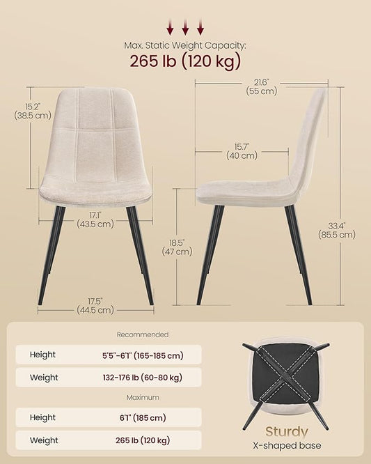 VASAGLE Dining Chairs, Set of 4 Dining Room Chairs, Metal Frame, Adjustable Feet, Easy to Clean, Chenille Fabric, Glacier-Textured Synthetic Leather, for Kitchen, Cream White UKDC188W01
