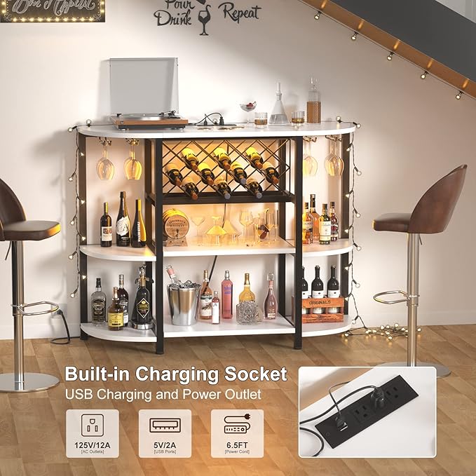Unikito Bar Table Cabinet with Charging Station,Wine Rack Table with LED Light and Storage, Freestanding Floor Bar Cabinet for Liquor and Glasses for Home Kitchen Dining Room, White