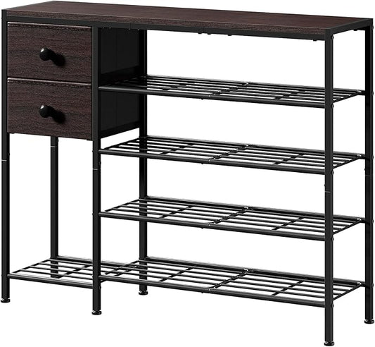 5-Tier Shoe Rack with 2 Fabric Drawers, Metal Frame and Wooden Board Shoe Organizer for 16-20 Pairs of Shoes, Shoe Shelf with Boots Storage for Entryway Closet Dark Brown