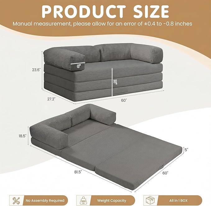 JUIKURY Folding Sofa Bed, Convertible Sleeper Chair with Pilow Foldable Matress, 2 in 1 Pull Out Loveseat Sofa Portable Fold Out Chair Bed Floor Couch Lounge for Living Room (Grey, Queen-82"L x 60"W)