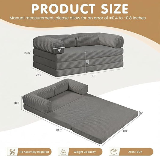 JUIKURY Folding Sofa Bed, Convertible Sleeper Chair with Pilow Foldable Matress, 2 in 1 Pull Out Loveseat Sofa Portable Fold Out Chair Bed Floor Couch Lounge for Living Room (Grey, Queen-82"L x 60"W)