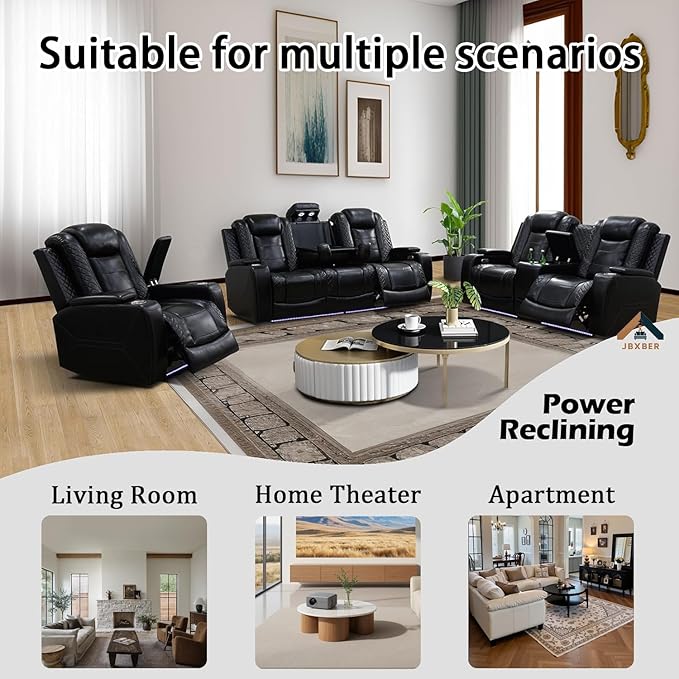 Power Reclining Sofa Set for Living Room, Leather Recliner Loveseat and Couch with Drop-Down Table, Power Pads, Cup Holders, Storage Console for House/Home Teather(Sofa and Loveseat, Black)