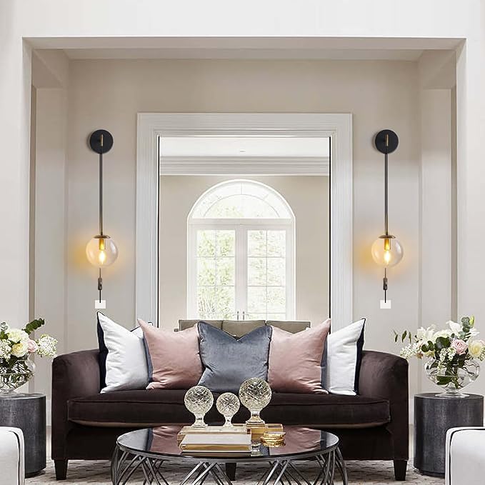 Wall Sconces Set of Two Black and Brass Plug in Wall Sconces Set of 2 with Globe Clear Glass Shade Wall Lights Wall Lamps for Bedrooms Sconces Wall Decor Set of 2 with Plug in Cord Switch