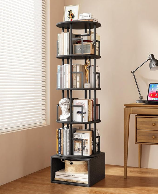 5 Tier Rotating Bookshelf with Extra Storage Cabinet, 360°Spinning Corner Bookshelf, Floor Standing Bookcase for Kids & Adult, Narrow Book Shelf for Bedroom Living Room, Pure Black