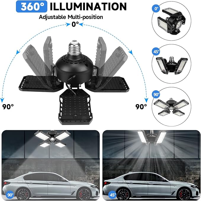 LED Garage Lights 4 Pack -120W, 12000LM 6500K Led Shop Light with 4+1 Deformable Panels, Basement Barn Light Garages Ceiling Lights, E26/E27 for Garage, Warehouse, Shop