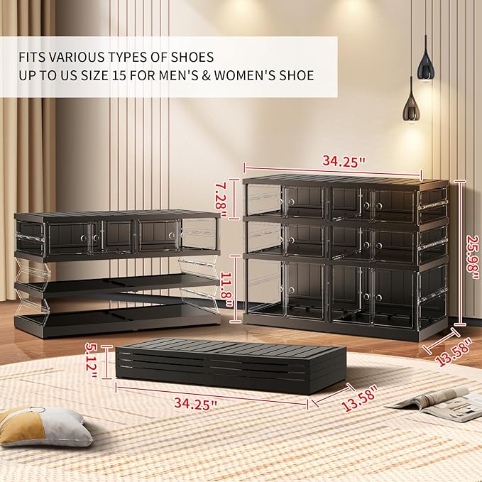 3 Tier Foldable Shoe Rack for Closet Entryway 6-12 Pairs Stackable Clear Shoe Storage Boxes with Lids Shoes Shelf with Door Plastic Organizer Cabinet Easy Assembly Black