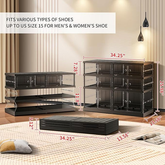 3 Tier Foldable Shoe Rack for Closet Entryway 6-12 Pairs Stackable Clear Shoe Storage Boxes with Lids Shoes Shelf with Door Plastic Organizer Cabinet Easy Assembly Black