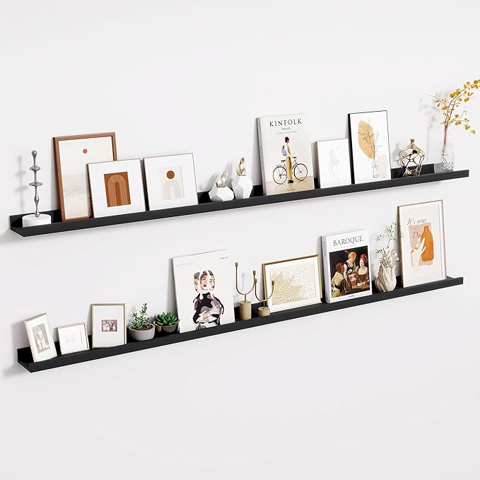 Fun Memories Long Wall Shelves Set of 2-72 Inch Floating Shelves for Wall - Picture Ledge Shelf with Lip for Storage - Wall - Mounted Shelves for Bedroom - Living Room - Kitchen - Black Color
