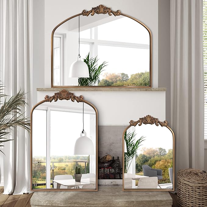 Gold Wall Mirror, Large Arched Vintage Baroque Ornate Mirrors, Traditional Decorative Antique Brass Mirror for Entryway, Living Room, Bedroom, Bathroom Vanity, Fireplace Mantel(Gold,29"x36")