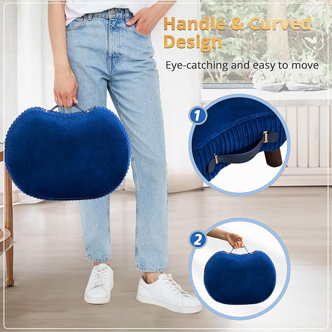 LUE BONA Small Curved Foot Stool with Handle, Navy Blue Velvet Footstool and Ottomans, Modern Foot Rest with Wooden Legs, Step Stool with Padded Seat for Couch, Living Room