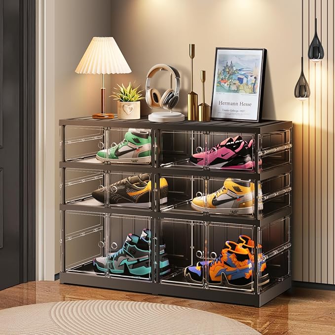 3 Tier Foldable Shoe Rack for Closet Entryway 6-12 Pairs Stackable Clear Shoe Storage Boxes with Lids Shoes Shelf with Door Plastic Organizer Cabinet Easy Assembly Black