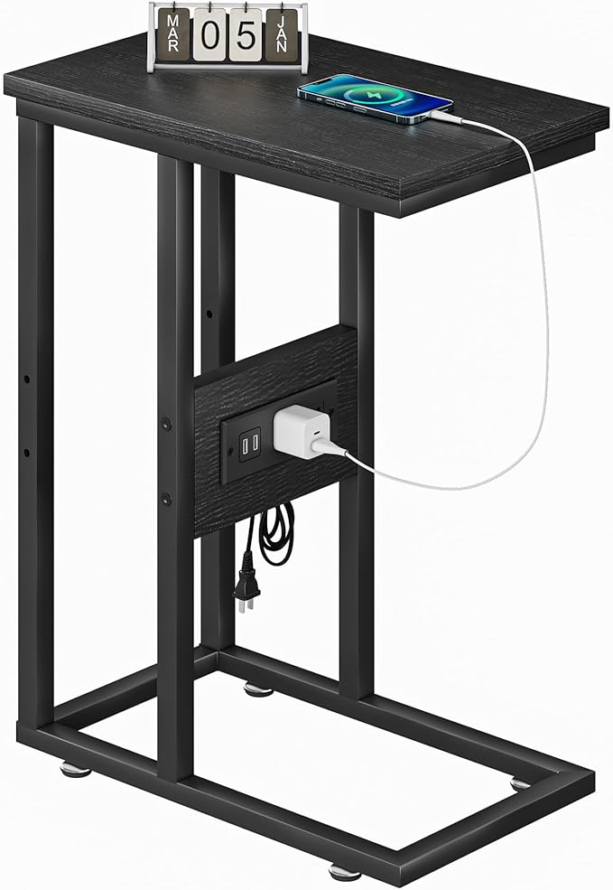 VECELO C Shaped End Table with Charging Station & Power Outlets, Quick Access Side Table for Sofa, C Bedside for Living Room Bedroom 1 Set,Black