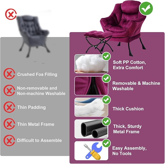 Lazy Chair with Ottoman, Modern Chair with Folding Footrest, Velvet Dark Purple Accent Chair, Comfortable Reading Chair, Oversized Armchairs for Bedroom, Study, Living Room, Courtyard