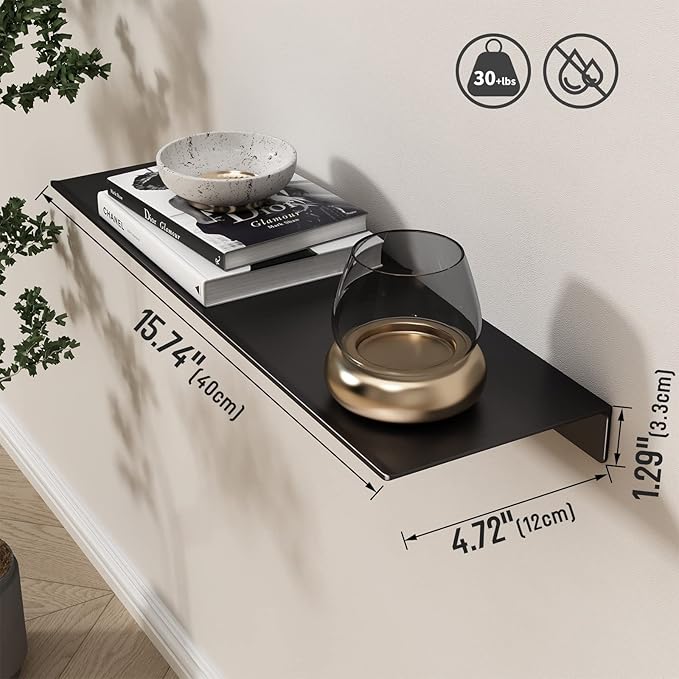 Danpoo Metal Wall Shelf, Black Floating Shelf, Small Bathroom Shelf, 16" Display Shelves for Wall Storage