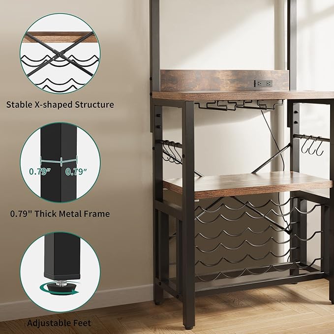 YITAHOME Kitchen Microwave Bakers Stand with Wine Rack, Wine Rack Freestanding Floor Small Storage Shelves for Liquor Bottle Glasses Power Outlet Farmhouse Coffee Bar 31 Inch, Rustic Brown
