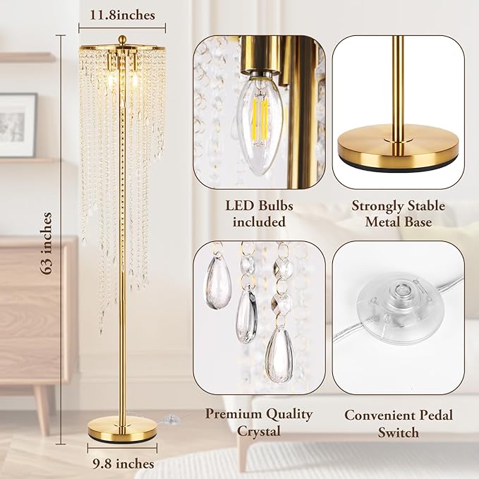 QiMH Gold Floor Lamps for Living Room, 63" Tall Lamp for Corner, Modern Floor Lamp with Double-Layer Crystal Lamp Shade, Standing Lamp for Bedroom, Office, Reading (2700K LED Bulbs Included)