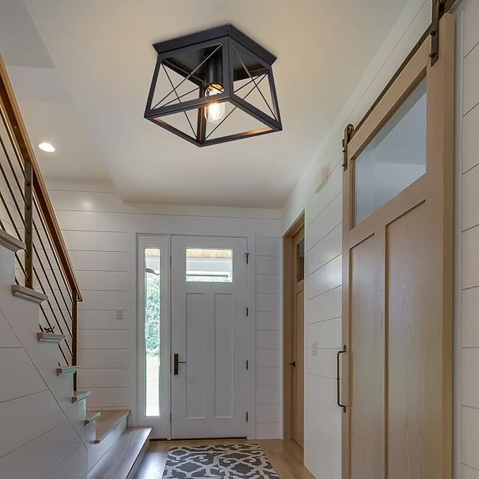 Farmhouse Ceiling Light Fixtures Black Flush Mount Ceiling Light 1-Light Industrial Metal-Framed Ceiling Lights, Rustic Flush Mount Ceiling Light for Hallway Kitchen Foyer Laundry Bedroom