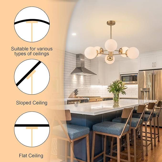 6-Lights Sputnik Chandeliers Gold Mid Century Modern Chandelier Fixture with Milk White Globe Glass, Dining Light Fixtures Ceiling Hanging for Living Room Bedroom Kitchen Island Foyer