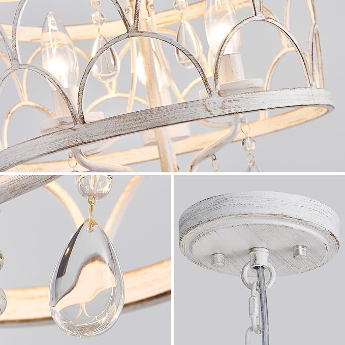 Small Crystal Chandelier, Modern Crystal Chandelier for Dining Room, Rustic Farmhouse White Round Ceiling Pendant Light Fixture for Living Room, Entryway, Hallway, Bedroom, Bathroom