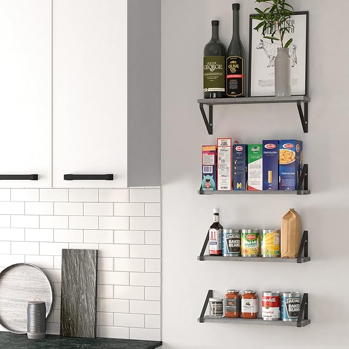 Wallniture Ponza 17'' x 4.5'' Floating Wall Shelf Bathroom, Small Wood Book Shelves for Wall Storage, Wall Mounted Shelf, Dining Room, Bedroom, Living Room, Office & Kitchen Organization, Gray, 5pcs