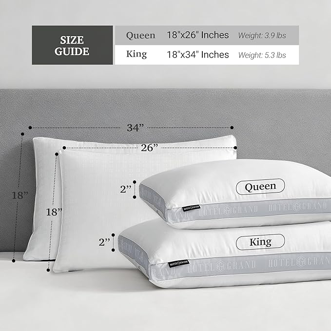 Hotel Grand Bed Pillows King Size Set of 2, 500 Thread Count Cotton Cover, Down Alternative Hotel Pillow for Side, Back, or Stomach Sleepers, Medium Firm Hypoallergenic 18”x34”