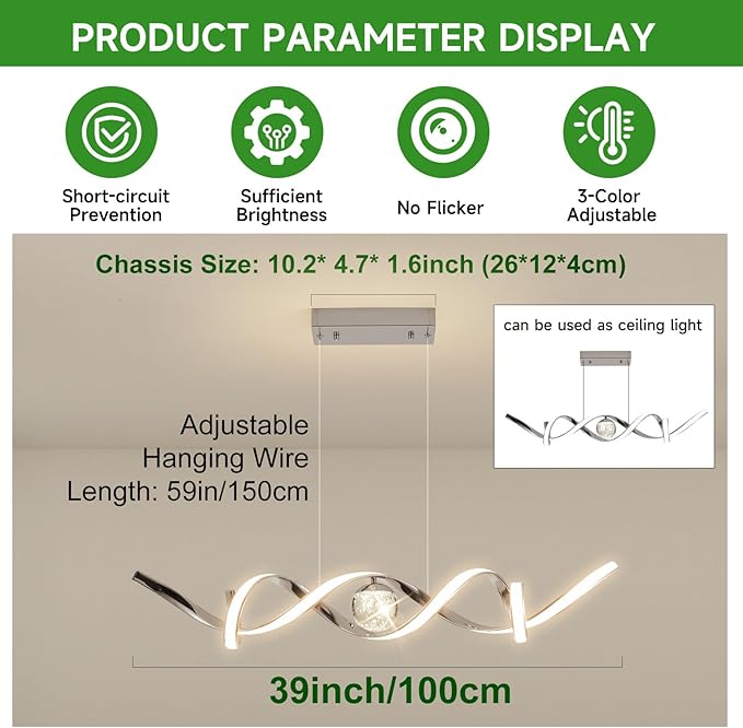 LED Modern Chandeliers for Dining Room, 39in Dimmable Chrome Chandelier Kitchen Pendant Lighting Over Island, Linear Wave Spiral Pendant Light Fixtures Dining Room Lights Ceiling Hanging, 36W