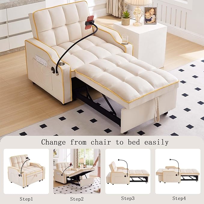 Convertible Sofa Bed, 3 in 1 Futon Sofa Bed with USB Charging Ports, Cup Holder, Phone Stand & Pocket, Modern Upholstered Sleeper Sofa for Living Room, Apartment or Small Space (Beige)