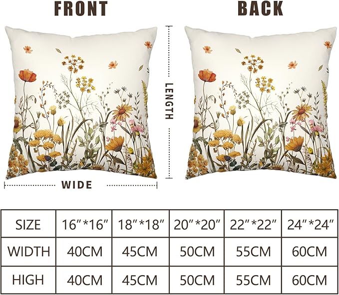Fall Floral Outdoor Pillow Covers 16x16 Set of 2 Burnt Orange Wild Flowers Throw Pillows Case Autumn Colored Wildflower Decorative Farmhouse Cushion Covers for Sofa Couch