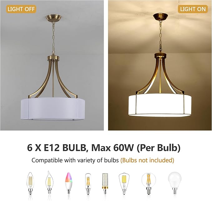 20" Modern Gold Farmhouse Drum Chandeliers for Dining Room, 6-Light Rustic Drum Pendant Light with White Fabric Shade, Hanging Light Fixture for Living Room Bedroom Foyer Kitchen Island Entryway