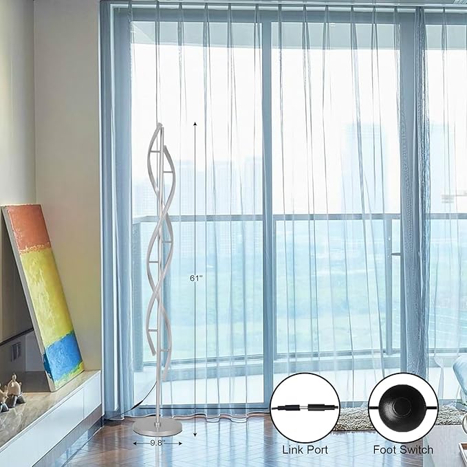 Tall Modern Floor Light Lamp for Living Room,Dimmable Spiral Corner Bedside Lamp with Rmoete for Bedroom,LED 3 Color Floor Lamp with Foot Switch for Dining Room(Silver)