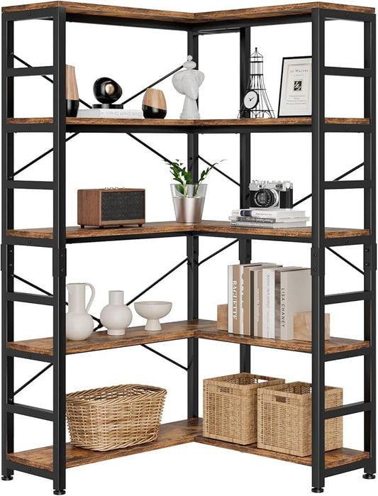 NUMENN 5 Tier Corner Bookshelf, Modern Corner Bookcase, Large Open Shelf Bookcase, Tall Bookshelves Storage Display Rack for Bedroom, Living Room and Home Office, Vintage